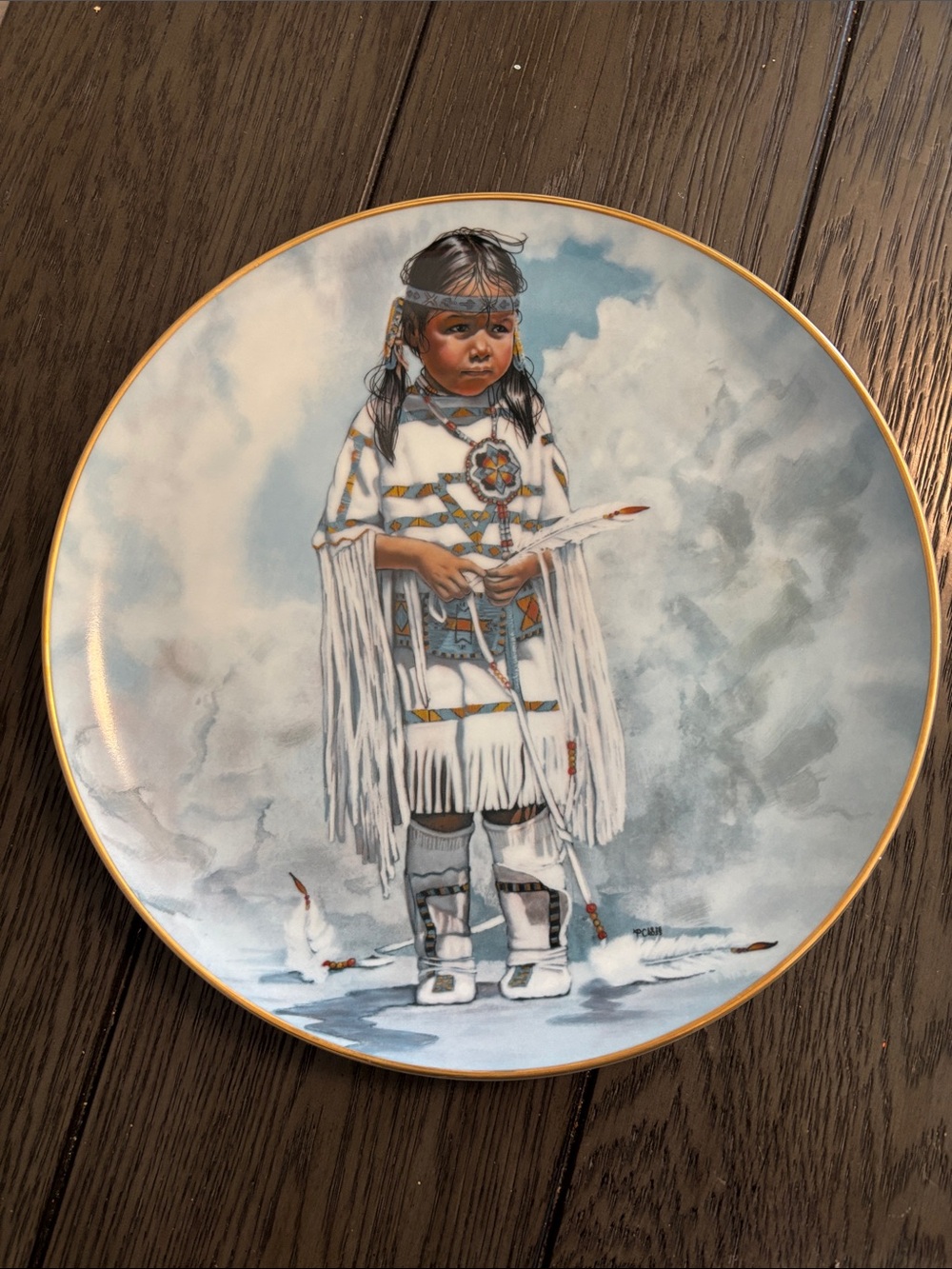 Crow Baby Decorative Plate by - White with Gold Accents